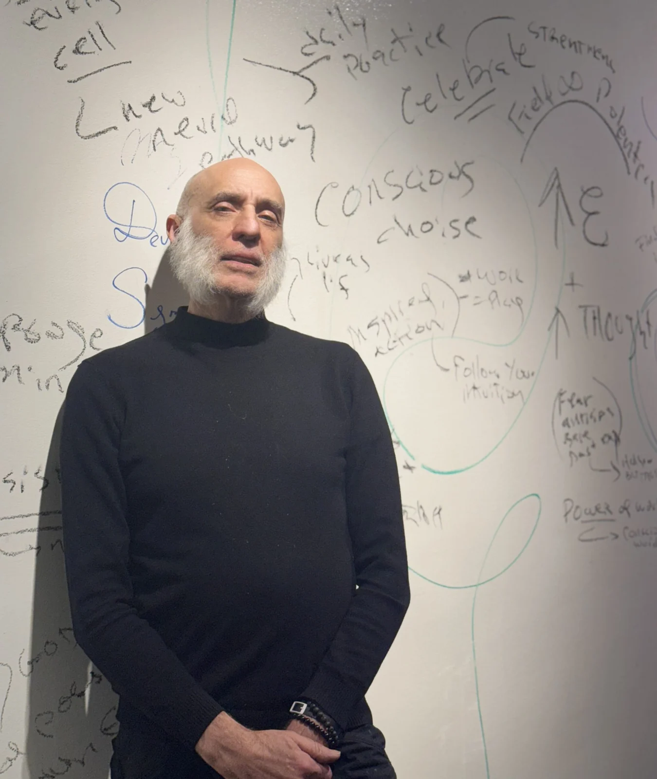 Maximino Vázquez in front of a wall of handwritten ideas